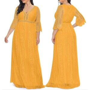 Womens Boho Maxi Floral Lace Boho Party Dress V Neck Flowy Long Yellow Size 20‎